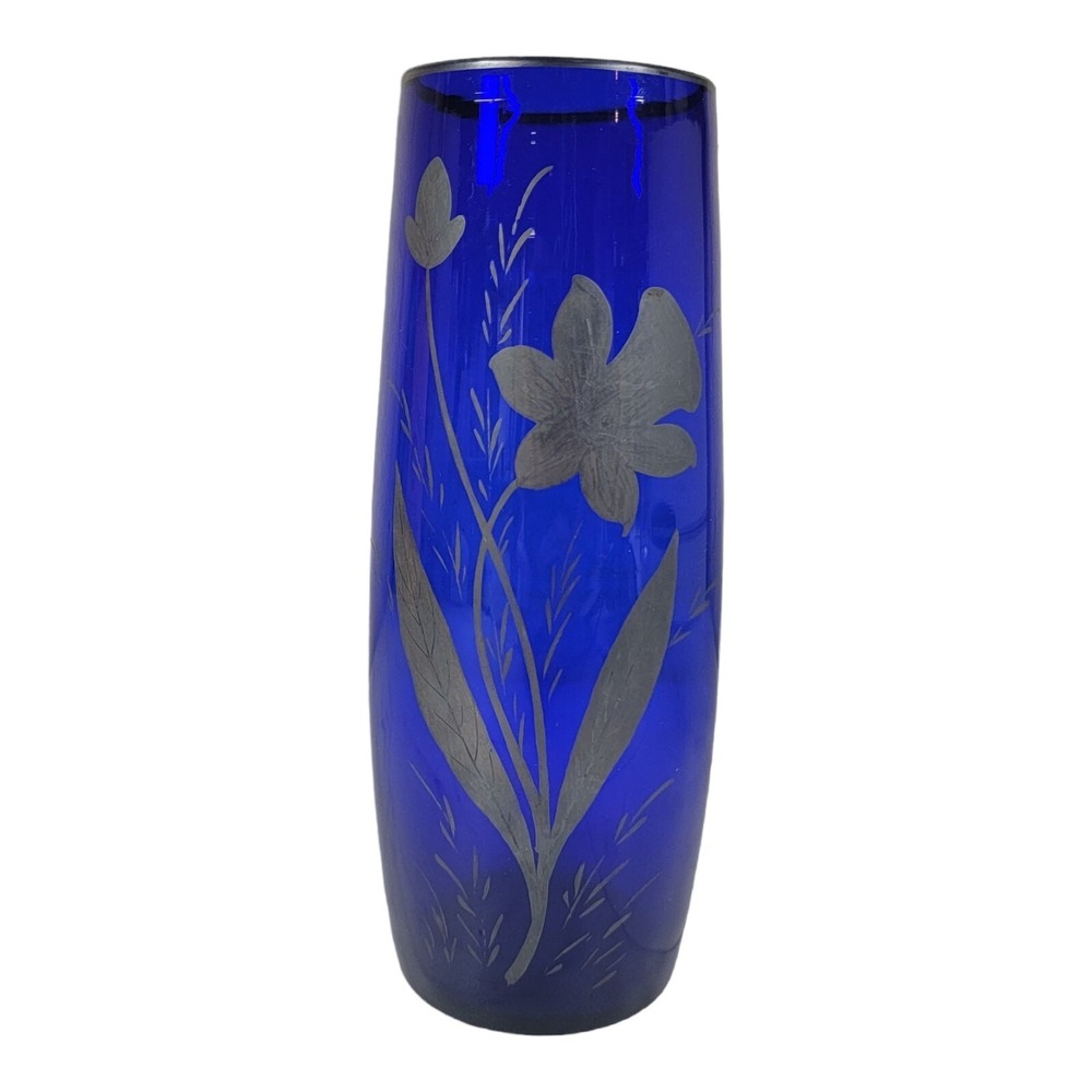 Vintage Cobalt Blue Czech Glass 8.5 Inch Vase Hand Painted Silver Flowers